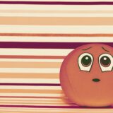 悩んだ様子で佇む、丸いボール状のオレンジの生き物